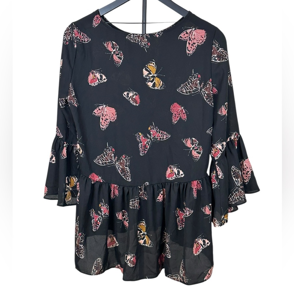 Cupio Black Butterfly Print Long Sleeve Ruffle Hem Blouse Size M